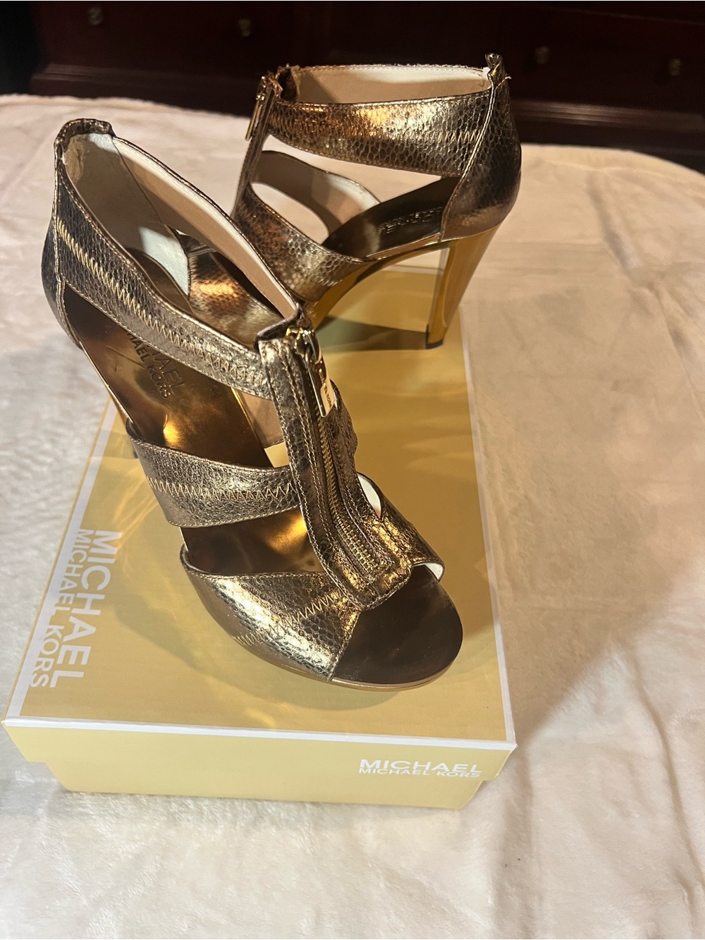 Michael Kors Metallic Bronze Zipper Strappy High Heel Sandals
